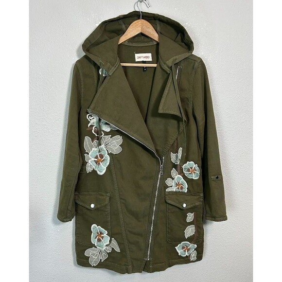 Driftwood Embroidered Floral Anorak Parka Jacket XS Olive Green Stretch Zip Up - Picture 3 of 9